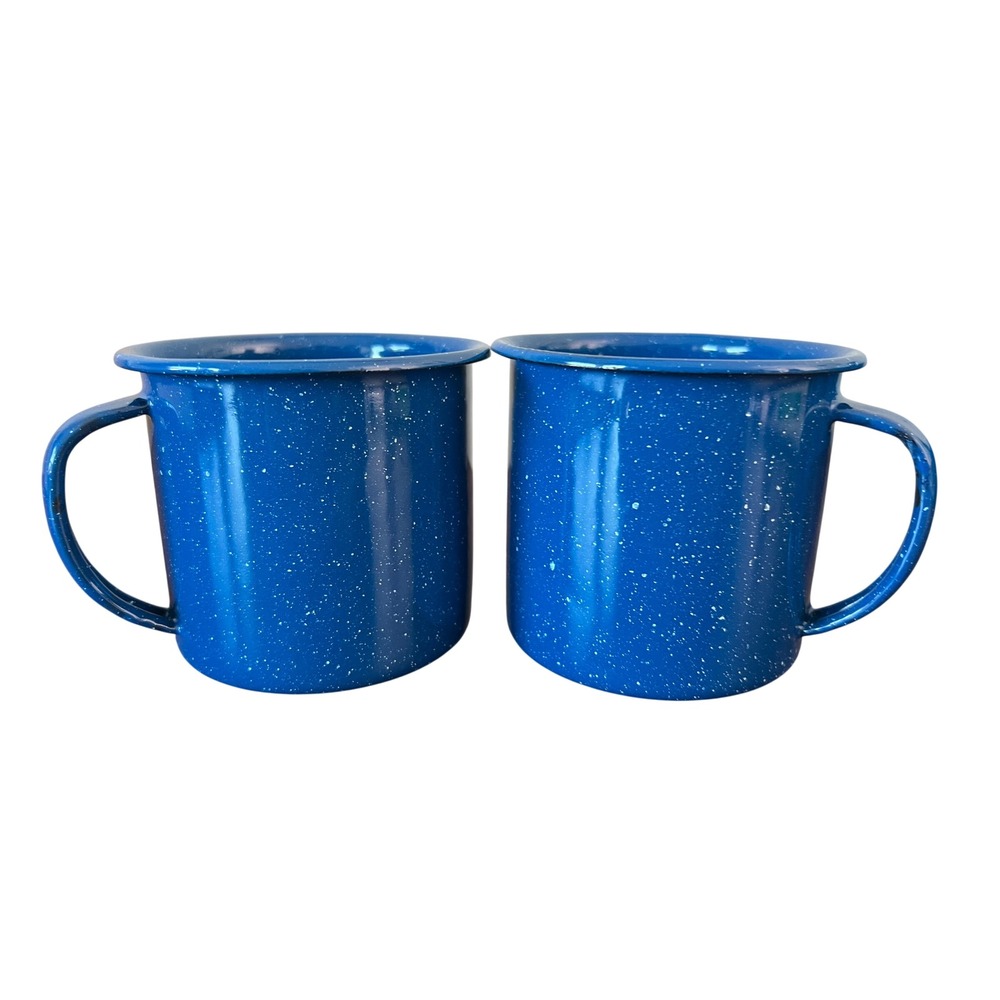 Set of 2 Blue Speckled Enamelware Camping Coffee Mugs Rustic Outdoor Cups